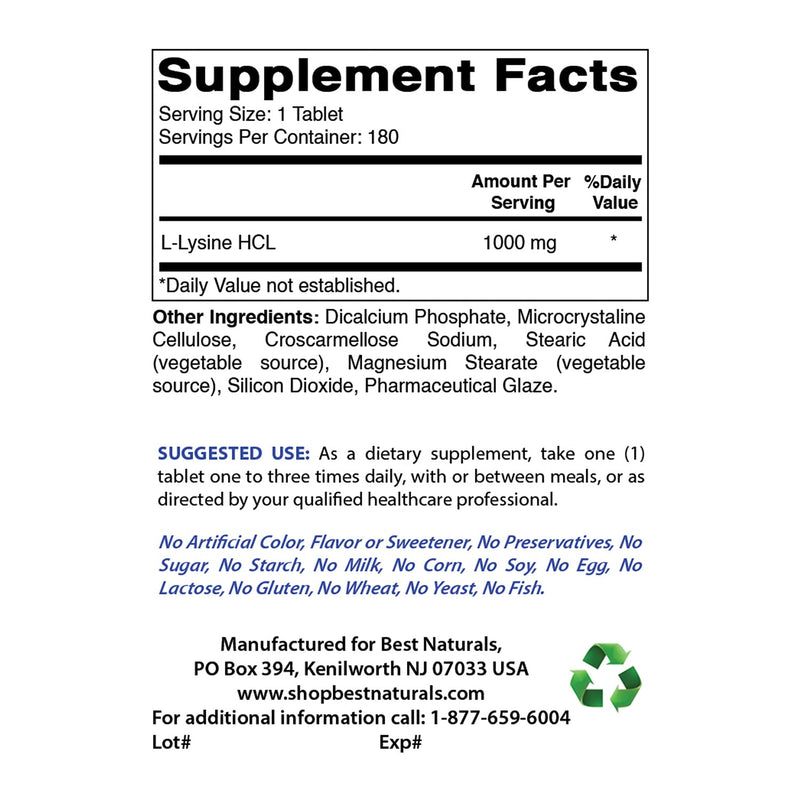 Best Naturals L-Lysine 1000 mg 180 Tablets - BeesActive Australia