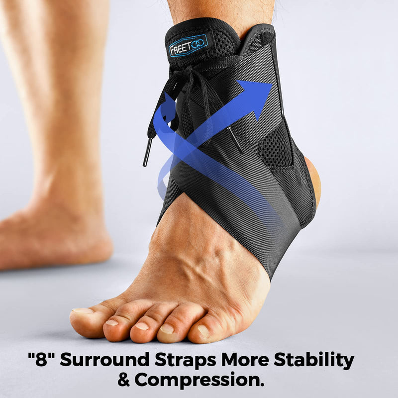 FREETOO Ankle Brace Maximum Metal Support for Men & Women, Compression Foot Support for Sprained Ankle, Plantar Fasciitis,Injury Recovery, Lace up Ankle Support for Running Volleyball Left/Right Large Black - BeesActive Australia