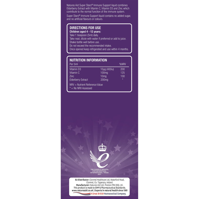 Natures Aid Super Stars Immune Support for Children, Natural Blackcurrant Flavour, 150ml - BeesActive Australia