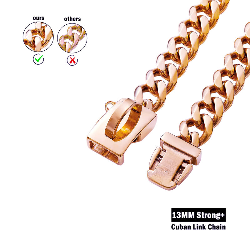 Rose Gold Chain Dog Collar,Dog Cuban Link Chain Collar,13MM Strong Stainless Steel Links Chain Dog Collar,Metal Walking Collar for Small,Medium & Large Dogs Rose Gold 16 Inch - BeesActive Australia