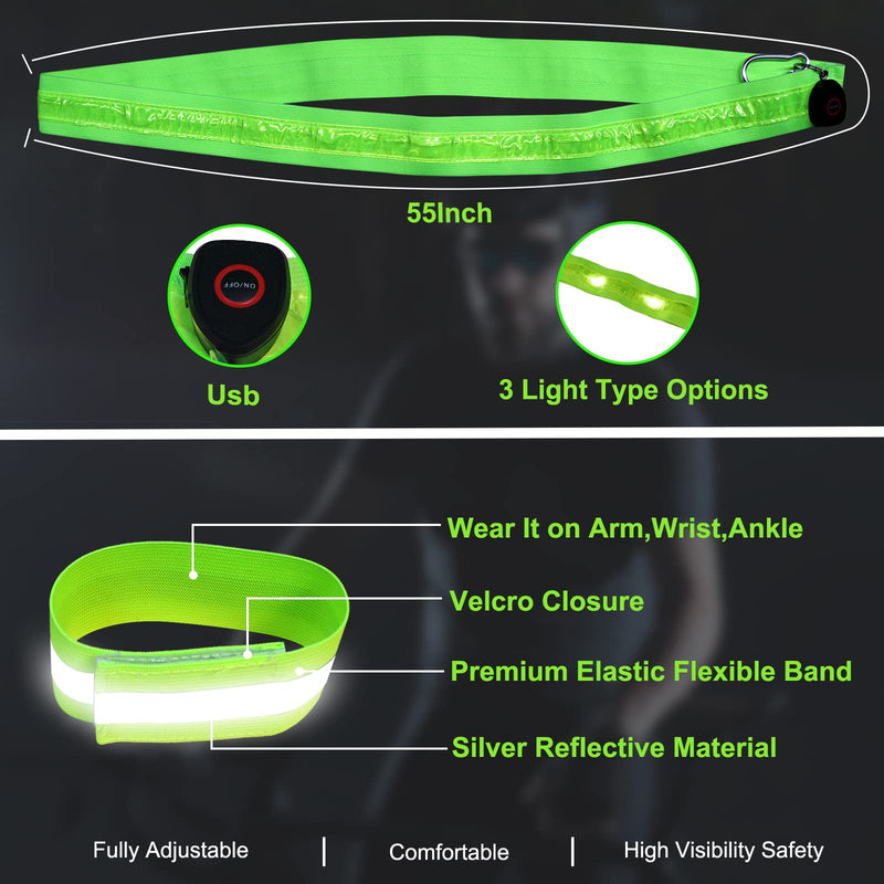 Carasylvia LED Reflective Running Gear Belt Sash - USB Rechargeable Light Up High Visibility Safety Gear with 2 Reflective Armbands for Runners, Bikers, Walkers, Pet Owners - BeesActive Australia