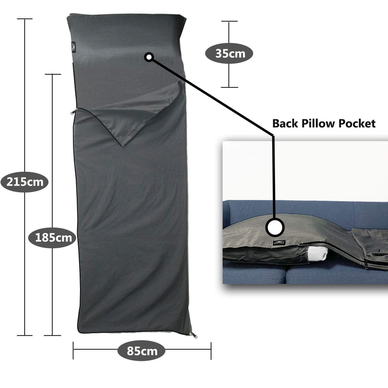 Frelaxy Sleeping Bag Liner with Full-Length Zipper & Pillow Pocket, Comfy & Easy Care Travel & Camping Sheet, 4 Seasons Warm Cold Weather, Adults & Kids Great for Travel, Backpacking, Hiking Dark Gray - BeesActive Australia