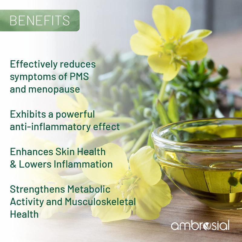 Ambrosial Evening Primrose Oil 1000mg (EPO) | Cold Pressed Evening Primrose Oil Capsules | Rich Source of Omega 6 Fatty Acids & GLA | High Strength Evening Primrose Capsules (Pack of 1-60 Softgels) 60 count (Pack of 1) - BeesActive Australia