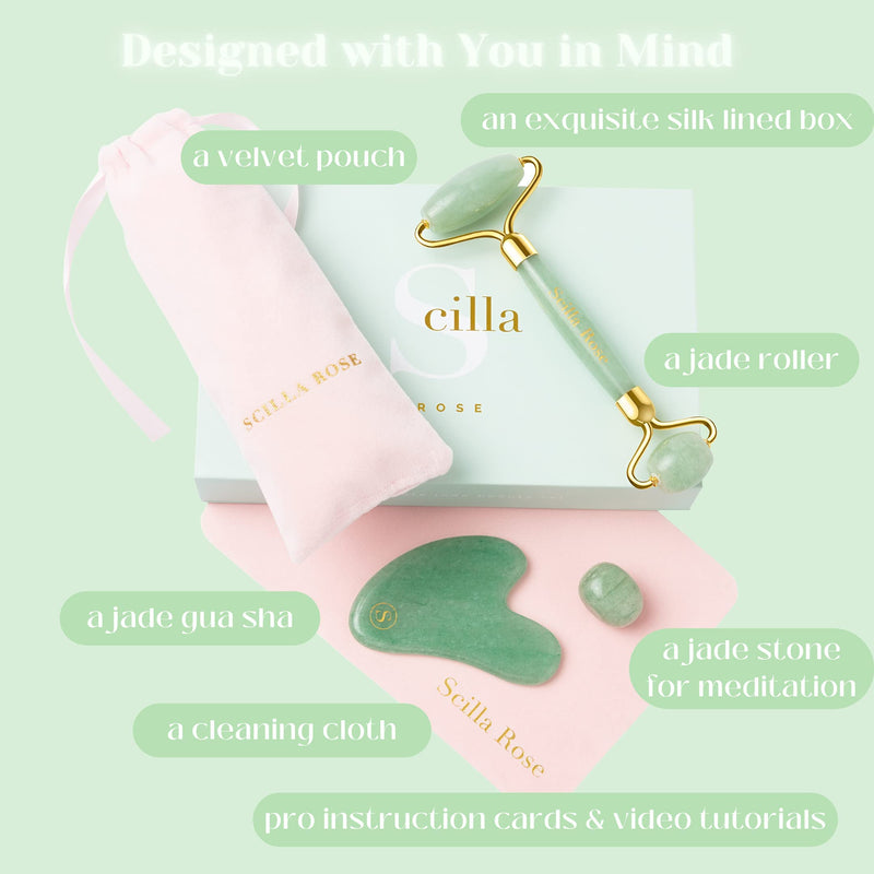 Jade Roller and Gua Sha Facial Massage Valentine's Gift Set for Women - Face Roller and Guasha Stone, Lymphatic Drainage Massager, Superior and Natural, Anti-Ageing Skincare Tools Stunning Jade Set - BeesActive Australia