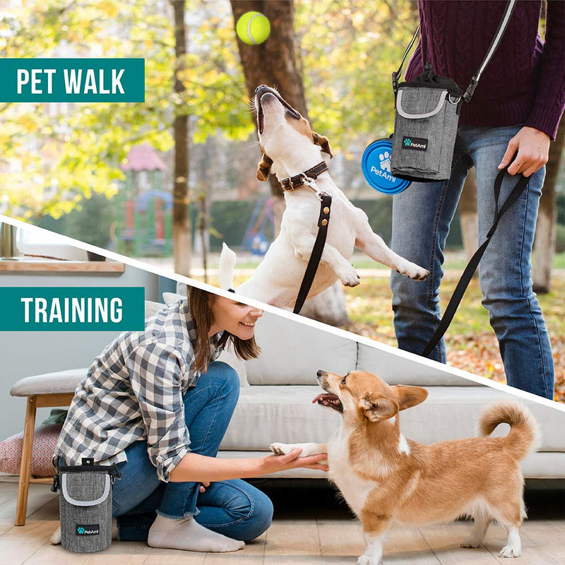 PetAmi Dog Treat Pouch with Large Front Pocket | Dog Training Pouch Bag with Waist Shoulder Strap, Poop Bag Dispenser, Collapsible Bowl | Training Bag for Kibbles, Pet Toys | 3 Ways to Wear Heather Grey - BeesActive Australia