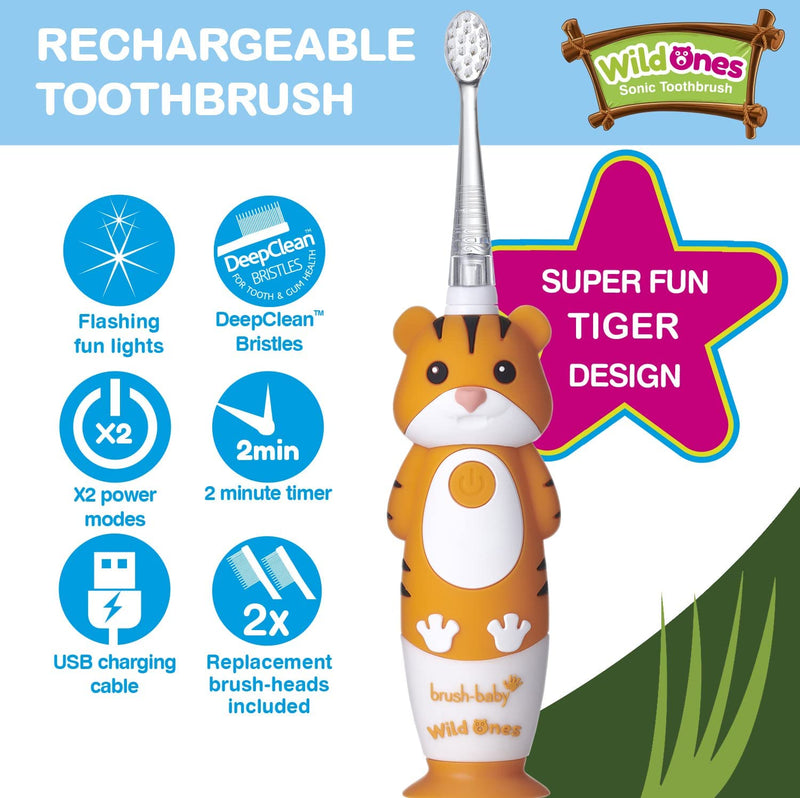 Brush-Baby WildOnes Kids Electric Rechargeable Toothbrush, 1 Handle, Brush Head, USB Charging Cable, for Ages 0-10 (Tiger) Tiger - BeesActive Australia