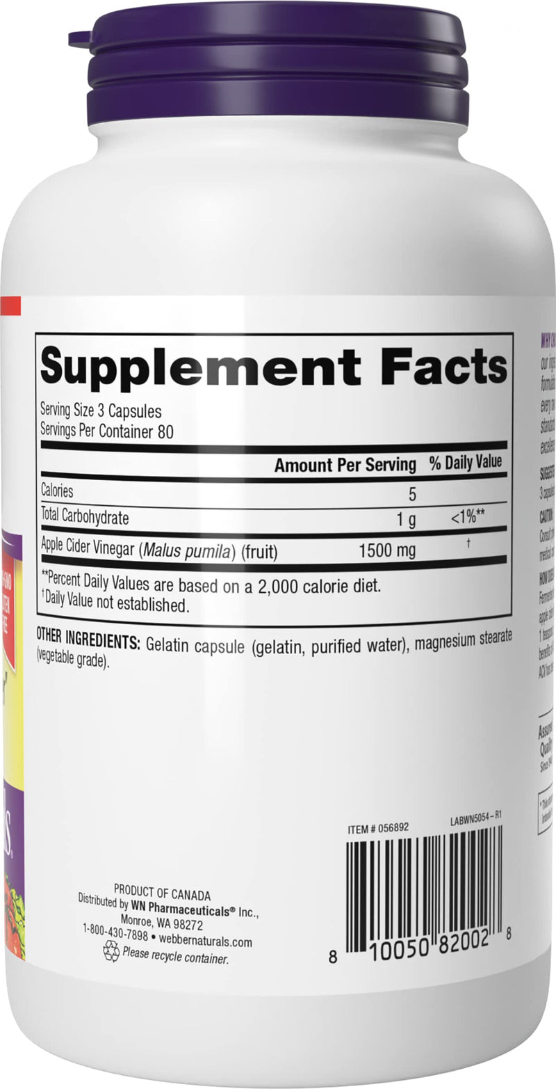 Webber Naturals Apple Cider Vinegar Pills, 1,500 mg per Serving, High Potency, 240 Capsules, Natural Digestion, Metabolism, Weight & Detox Support, Non-GMO, Gluten, Dairy & Sugar Free - BeesActive Australia