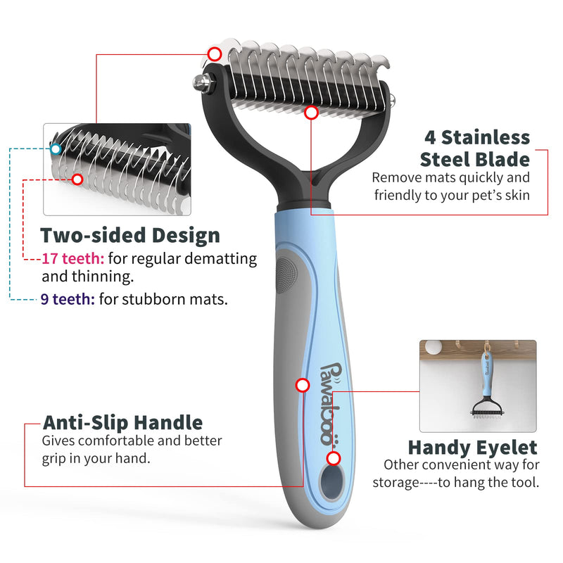 Pawaboo Pet Dematting Comb - Pet Grooming Comb with Dual Sided 9+17 Rake for Dogs and Cats, Gently Removes Loose Undercoat, Mats, Tangles and Knots Blue Gray - BeesActive Australia