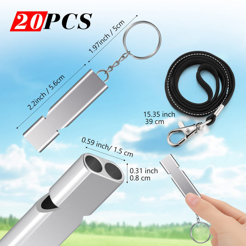 Hoteam 20 Pcs Aluminum Emergency Whistle Double Tubes Survival Safety Whistle with Lanyard Keychain Loud Whistle for Outdoor Camping Hiking Hunting Fishing Boating Kayak Signaling - BeesActive Australia