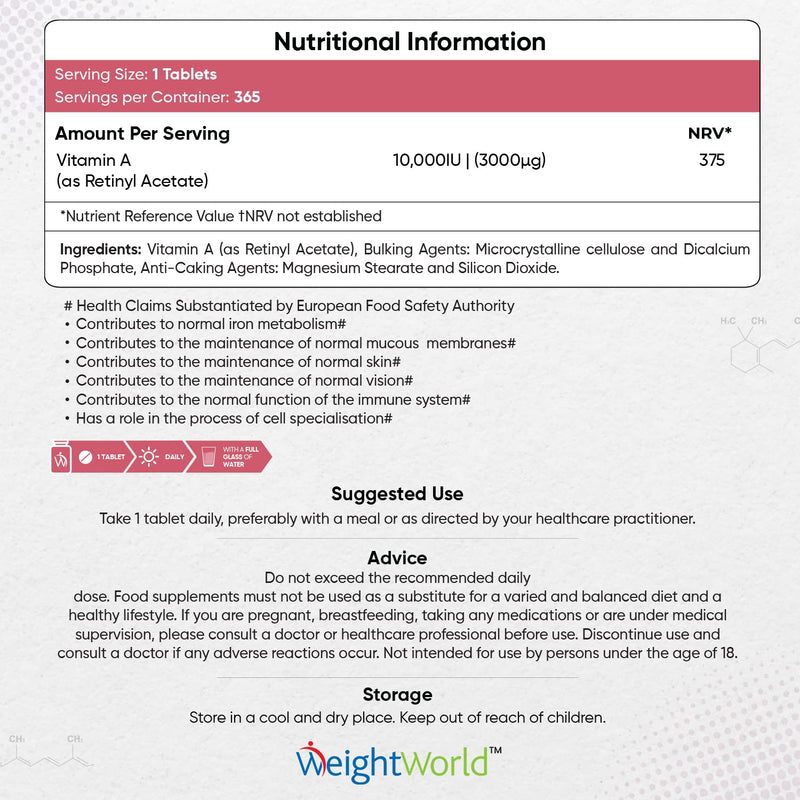 Vitamin A Supplements 10,000IU - 1 Year Supply (365 Vegan Tablets Not Vitamin A Capsules) - 3000?g VIT A Retinol Supplement in Bioavailable Retinyl Acetate Form for Eye & Skin - Made in The UK - BeesActive Australia