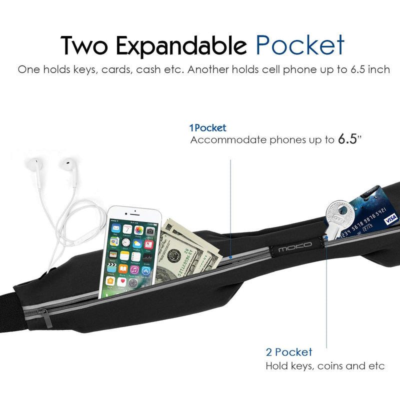 MoKo Sports Running Belt, Outdoor Dual Pouch Sweatproof Reflective Slim Waist Pack, Fitness Workout Belt Fanny Pack Compatible with iPhone 12/12 Pro/12 Mini, iPhone 11 Pro Max/Xs, Galaxy S21 Black - BeesActive Australia