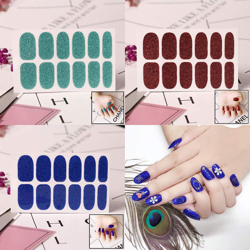 DANNEASY 15 Sheets Solid Color Adhesive Nail Polish Wraps Strips Glitter Nail Art Stickers Decals Manicure Kit with 1Pc Nail File + Wood Cuticle Stick - BeesActive Australia