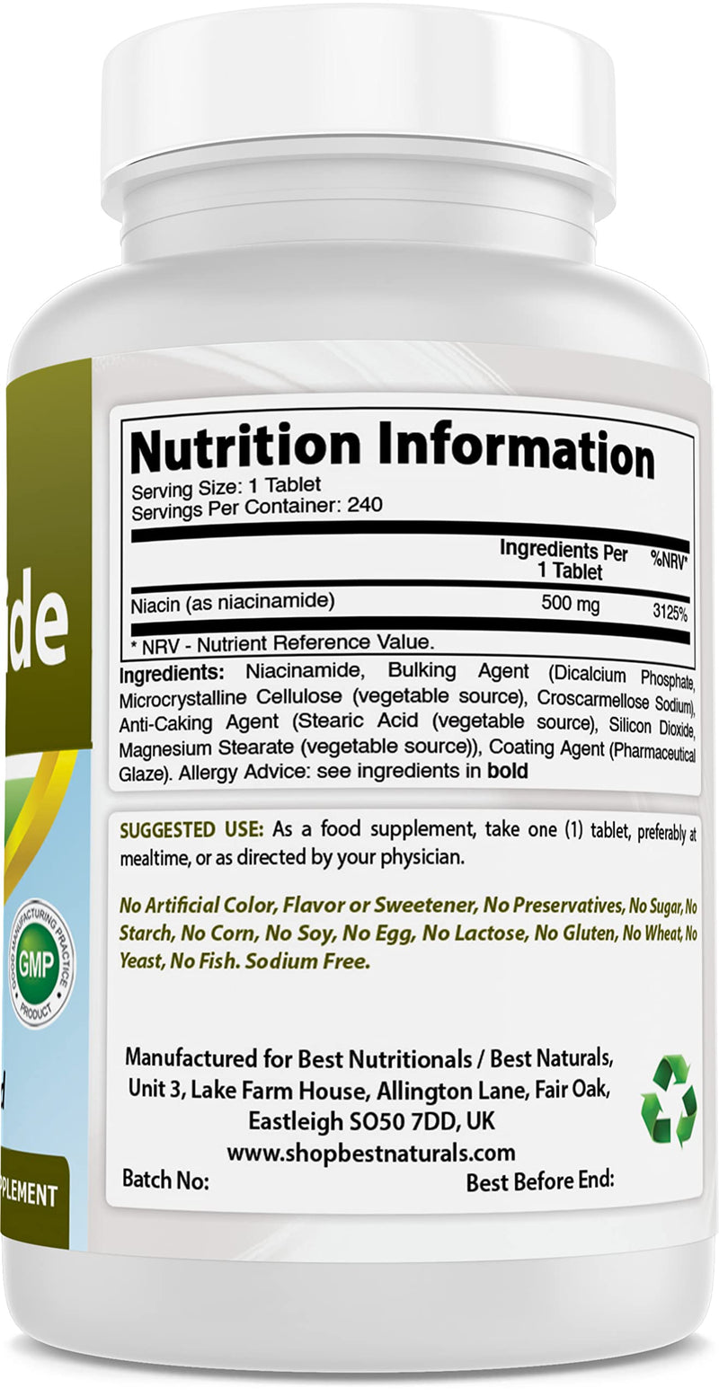 Best Naturals Niacinamide 500mg 240 Tablets (Suitable for Vegetarian) - Non-Flushing Form of Niacin (Vitamin B3)… (240 Count (Pack of 1)) - BeesActive Australia