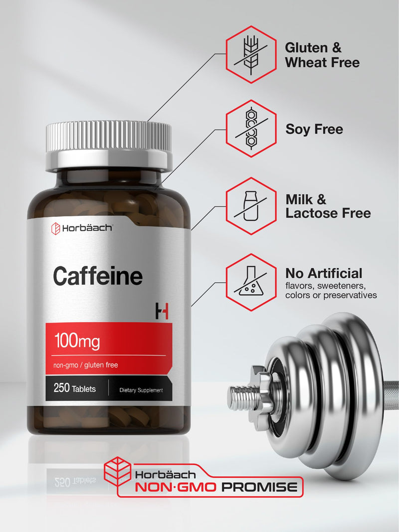 Caffeine Pills 100mg | 250 Tablets | Vegetarian Formula | Non-GMO, Gluten Free Supplement | by Horbaach - BeesActive Australia