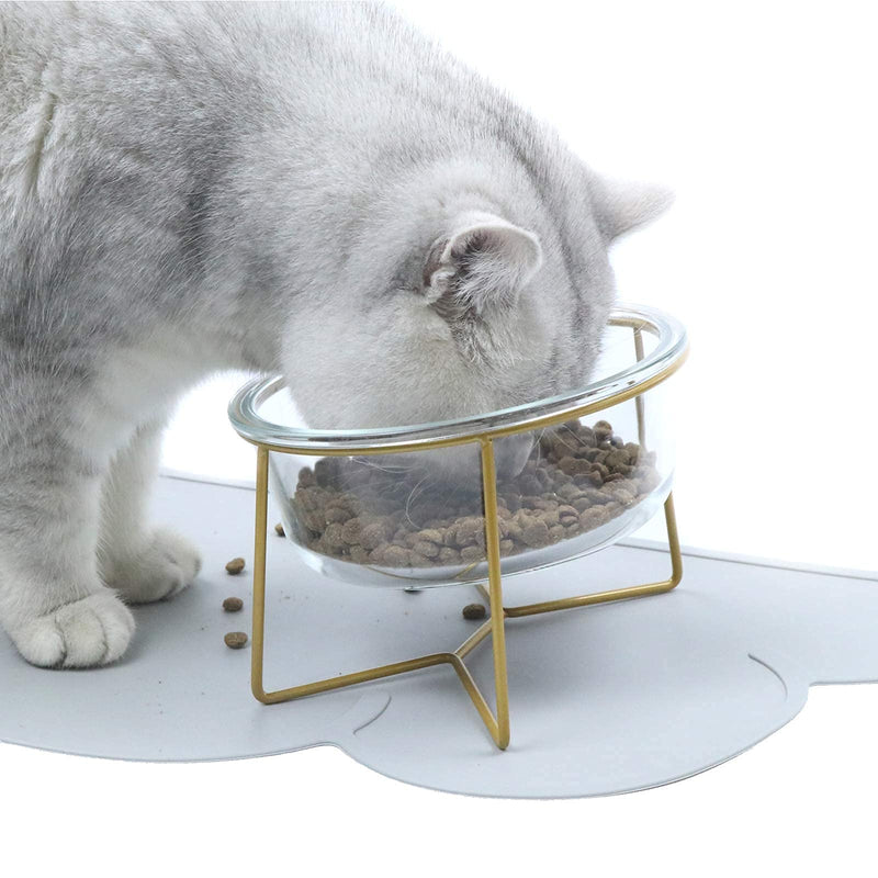 Glass Raised Cat Bowls or Small Dog Dishes with Gold Metal Stand,Anti Vomiting Tilted Transparent Pet Bowl, Elevated Food or Water Bowl Set with Grey Silicon Clouds Waterproof Mat 1 x 20oz bowl+1 mat - BeesActive Australia