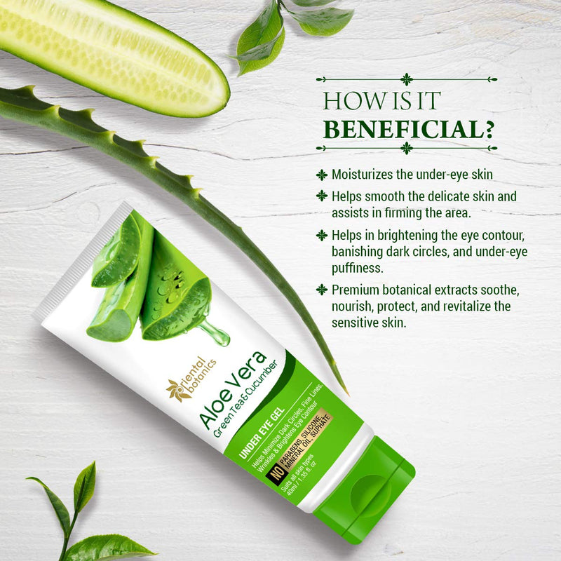 Oriental Botanics Aloe Vera, Green Tea & Cucumber Under Eye Gel, 40ml - With Vitamin B3, B5 - BeesActive Australia