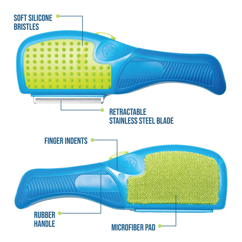 FURaser Dog Grooming Brush for Dogs & Cats, Long and Short Hair Dematting Comb, Topcoat & Undercoat Rake Deshed Tool -Silicone Bristles, De Shedding Blade, Microfiber Pad, Rubber Handle (Blue) DeShedding Tool with Self Cleaning Cover - BeesActive Australia
