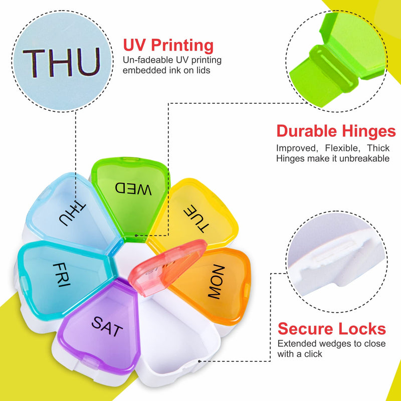 Portable Weekly Pill Box Organiser | Easy to Open 7 Day Premium Quality Tablet Box | Travel Pill Case with Snap Shut Lids Design |Tablet Organiser for Vitamins, Supplements & Medicine Flower-rainbow-white - BeesActive Australia