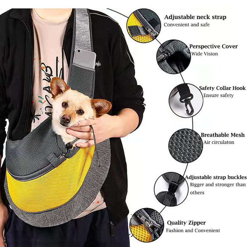 Pet Dog Sling Carrier, Breathable Mesh Hand Free Adjustable Travel Safe Puppy Sling Bag Carrier Dog Satchel Carrier for Dogs Cats Rabbit Small Animals Adjustable Buckle for 5-10 lbs Yellow - BeesActive Australia
