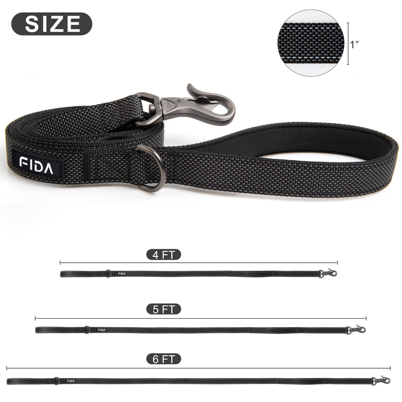 Fida 4/5/6 FT Heavy Duty Dog Leash with 2 Comfortable Padded Handles, Traffic Handle & Advanced Easy Snap Hook, Reflective Walking Lead for Large, Medium & Small Breed Dogs 6 Feet (Pack of 1) Black - BeesActive Australia