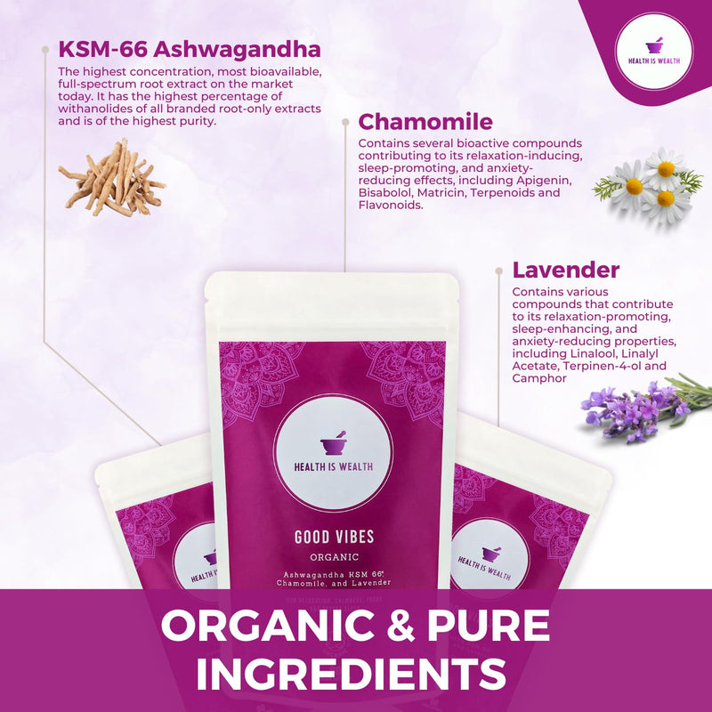 Organic KSM 66 Ashwagandha, Chamomile and Lavender - 90 Natural Capsules - Feel Calm, Lower Stress, Anxiety & Better Sleep - BeesActive Australia