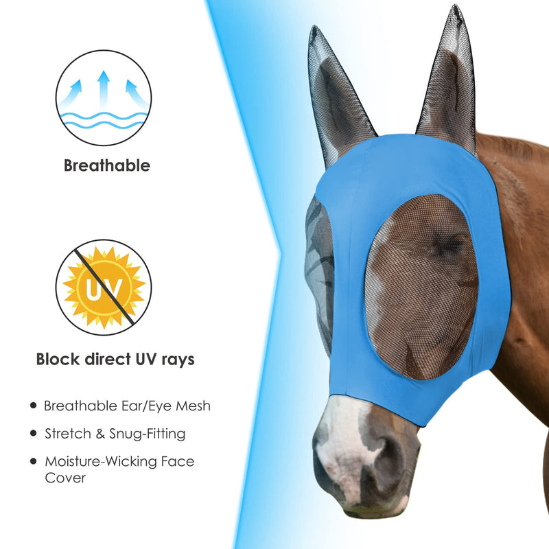 HR Farm Horse Fly Mask with Ears Comfort Elasticity Lycra Horse Eye UV Protection Large Turquoise - BeesActive Australia