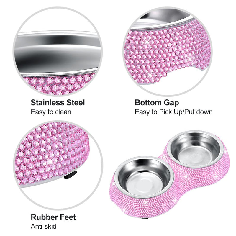 SAVORI Small Dog Bowls Pink, Handmade Bling Rhinestones Stainless Steel Pet Bowls Double Food Water Feeder for Puppy Cats Dogs Cats 320ml-Pink - BeesActive Australia
