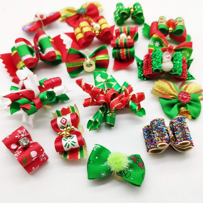 Hixixi 100pcs Dog Puppy Cat Christmas 3D Rhinestone Hair Bows with Rubber Bands Flat Pet Xmas Grooming Accessories - BeesActive Australia