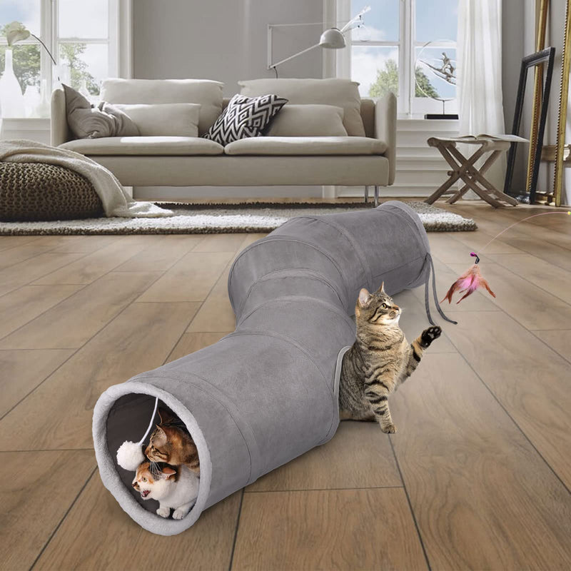 Ownpets Cat Tunnel 48 inch Long S-Shape Collapsible Cat Play Tunnel with Interactive Feather Wand Large Pet Tunnel Tube Toy for Cat Kitten Kitty Puppy Rabbit - BeesActive Australia