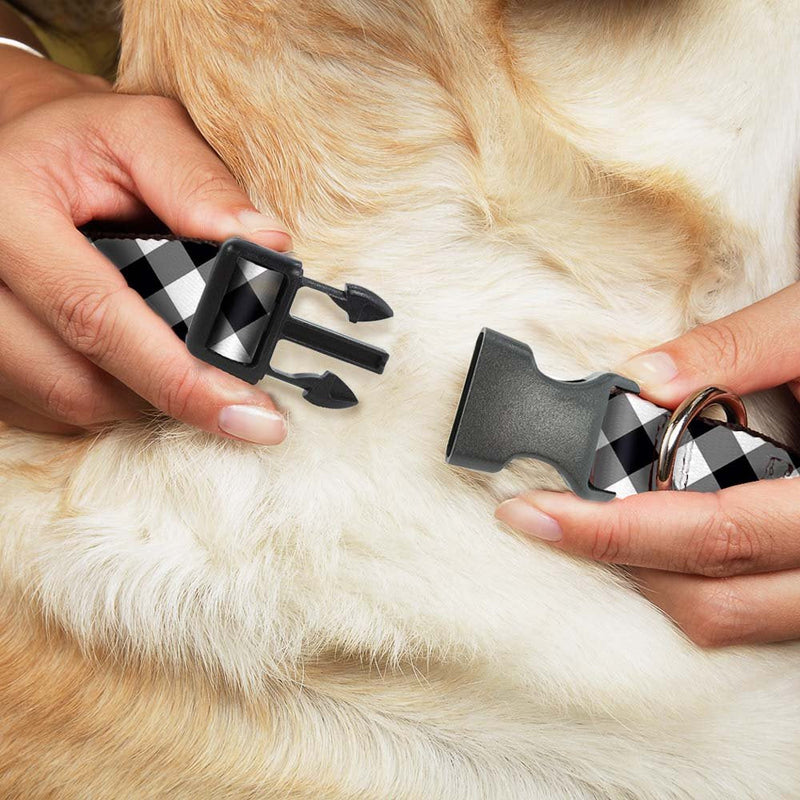 Buckle-Down Dog Collar Plastic Clip Diagonal Buffalo Plaid Black White Available in Adjustable Sizes for Small Medium Large Dogs 1" Wide - Fits 11-17" Neck - Medium - BeesActive Australia