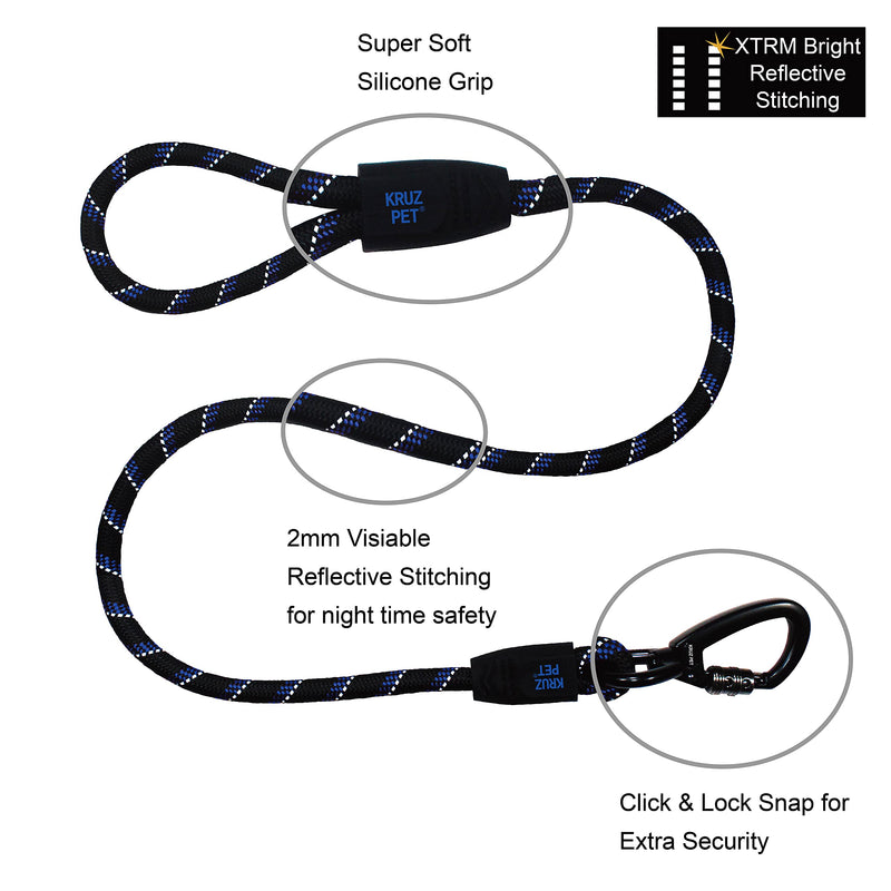 Kruz Reflective Dog Leash -KZROPE5048/5060 - Soft Silicone Grip with Click & Lock Snap - Walking, Running and Pet Training - Heavy-Duty, Durable Rope - Security, Safety, Control, and Comfort 1/2" x 5 FT Black - BeesActive Australia