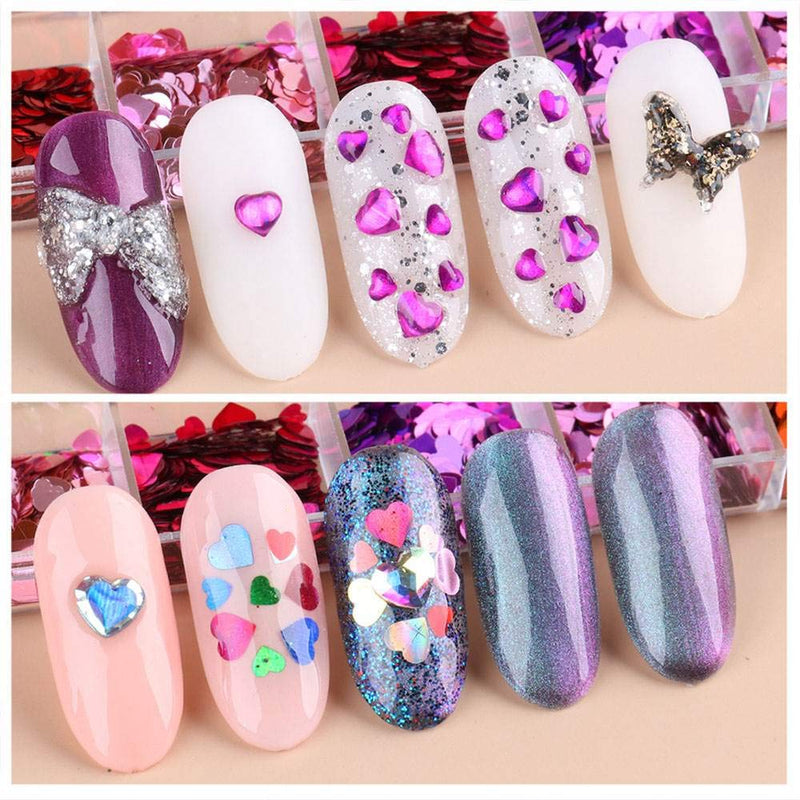 Nail Art Stickers Decals Nail Supplies Holographic Nail Polish Nail Art Decorations Accessories For Women Girls Shining Lovely Hearts Butterfly Sequins 12 Grids/Set (Heart) - BeesActive Australia