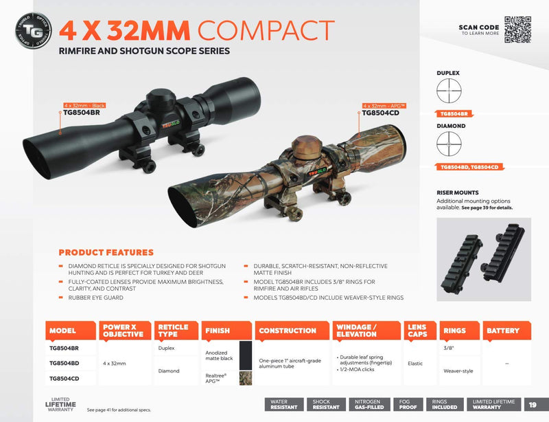 TRUGLO 4x32mm Compact Rimfire and Air RIfle Scope Series, Duplex Reticle, Black - BeesActive Australia