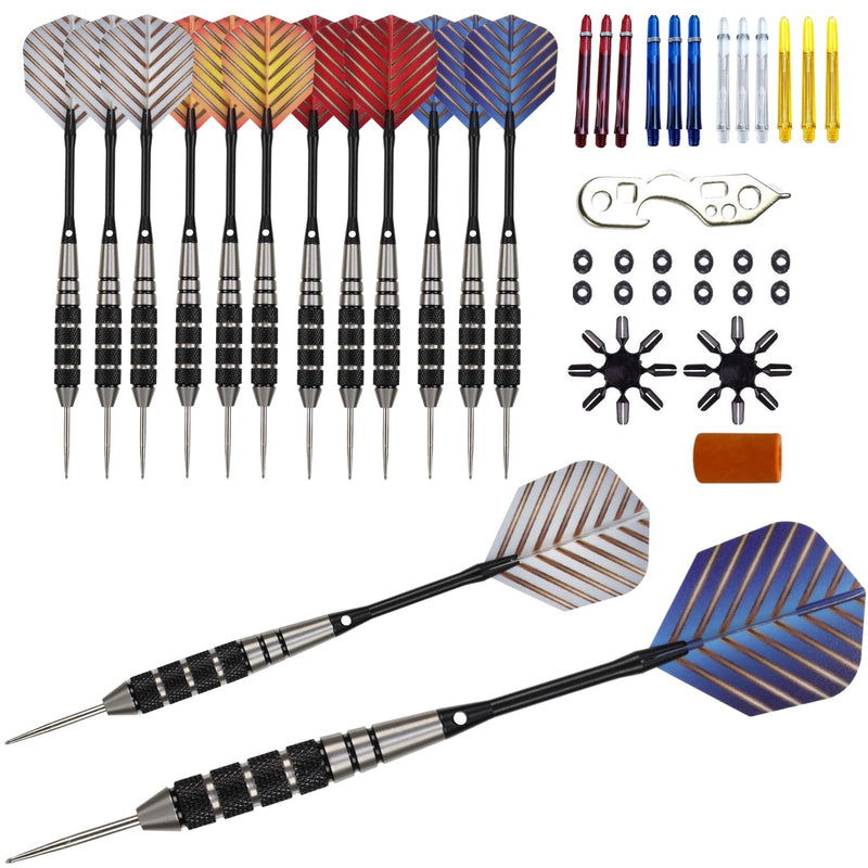 Steel Tip Darts Set - Professional 12PC Darts Steel Tip for Dartboard - Includes Steel Brass Barrels + Plastic & Aluminum Shafts + O-Ring's + Flights & Protectors + Sharpener + Wrench 22g-STC10432 - BeesActive Australia