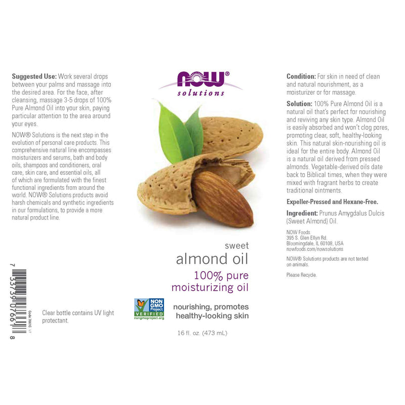 NOW Solutions, Sweet Almond Oil, 100% Pure Moisturizing Oil, Promotes Healthy-Looking Skin, Unscented Oil, 16-Ounce - BeesActive Australia