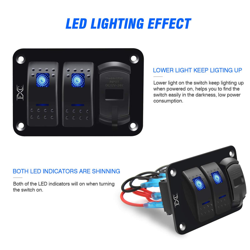 Purishion 2 Gang Rocker Switch Aluminum Panel with Voltmeter & Dual USB(4.8 Amps) Fast Charging, Blue Backlit Led, Pre-Wired IP65 Waterproof for Marine, Boat, Car, Truck, Polaris, Jeep (Blue) 2Gang Blue - BeesActive Australia