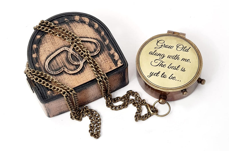 Brass Nautical - Engraved Compass with a Romantic Emotional Message, Gift for Husband, Anniversary, Wedding Gift for Him, Long Distance Gift, I Miss You, Valentine Grow Old Along With Me, With Sunset Painting - BeesActive Australia