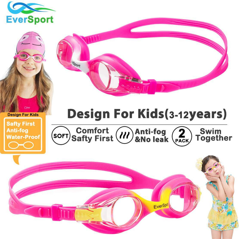 Kids Swim Goggles, 2 Pack Swimming Goggles for Children Kids Toddler Girl Boy Anti Fog Waterproof Soft Silicone (Age 3-12) Pink & Rose Red - BeesActive Australia