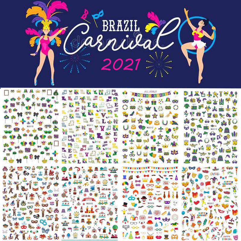 Mardi Gras Nail Art Stickers Decals Carnival Nail Stickers 8 Sheets Joker Circus Nail Decals Nail Art Supplies Masquerade Masks Crown 3D Self-Adhesive for Women Girls Nail Decorations DIY Nail Designs - BeesActive Australia