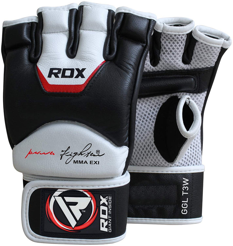 [AUSTRALIA] - RDX MMA Gloves for Martial Arts Training & Sparring | Cowhide Leather Mitts for Grappling, Kickboxing, Muay Thai, Punching Bag & Cage Fighting White/Black Medium 