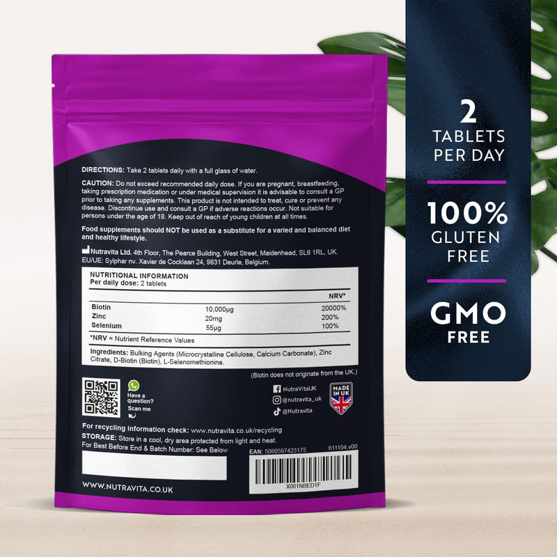 Biotin Hair Growth Supplement 10,000mcg - 180 Vegan High Strength Biotin Tablets Enhanced with Zinc & Selenium - Hair and Nails Vitamins for Women & Men - Supports Hair, Skin & Nail Growth - Nutravita - BeesActive Australia