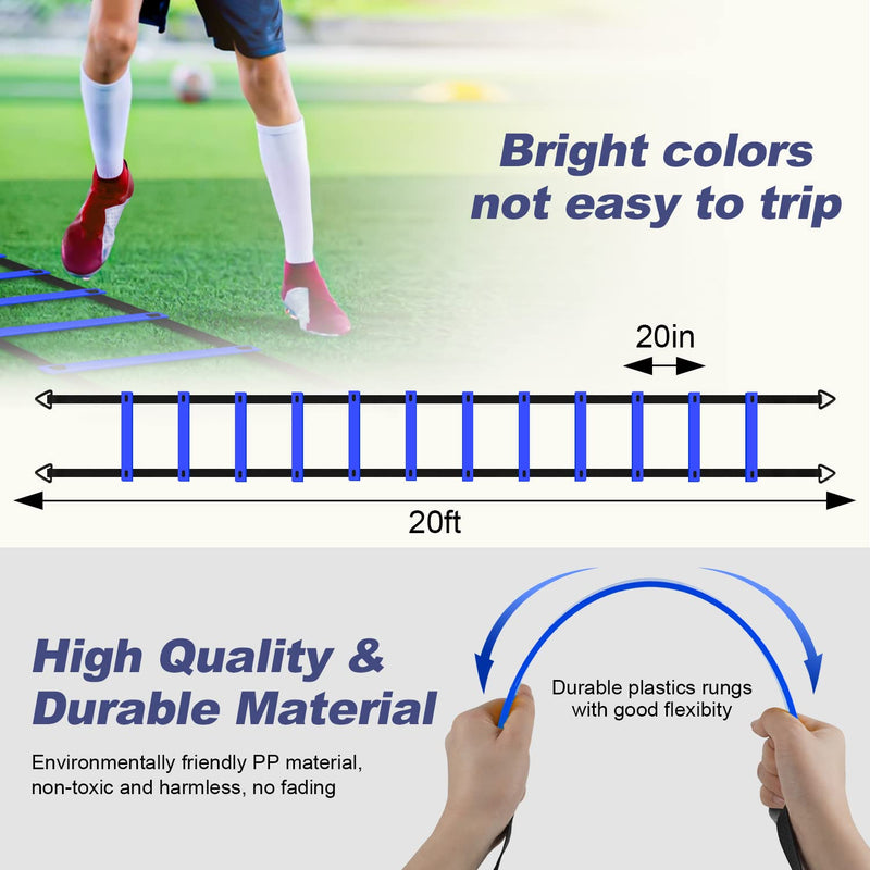 DIKAKO Agility Ladder - 20ft 12 Rung Agility Ladder Speed Training Equipment, Kids and Adult Speed Ladder for Football, Basketball, Fitness Training - Included Carry Bag and 4 Steel Stakes Blue - BeesActive Australia