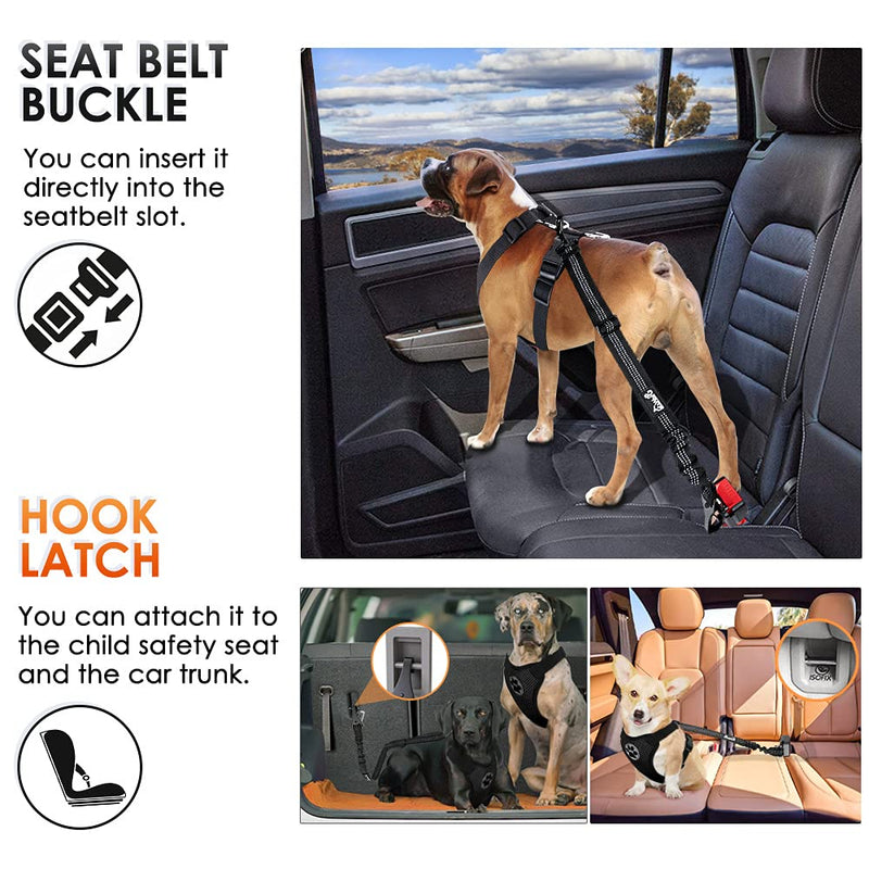 SlowTon Dog Seat Belt, Adjustable Dog Safety Belt Leash, 2 in 1 Latch Bar Attachment Dog Car Seatbelt with Elastic Nylon Bungee Buffer, Reflective Nylon Belt Tether Connect to Dog Harness 1Pack - Black - BeesActive Australia