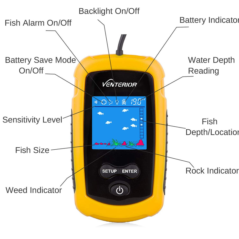 Venterior Portable Fish Finder Handheld Fishfinder Fishing Gear Depth Finder with Sonar Transducer and LCD Display (Yellow) Yellow - BeesActive Australia