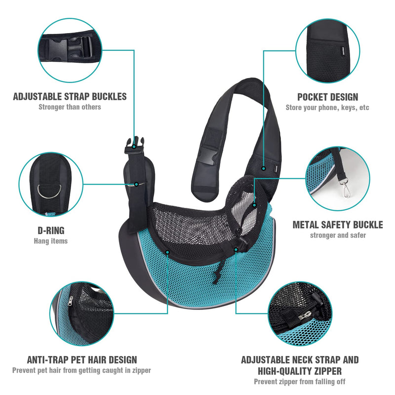 WOYYHO Small Pet Dog Sling Carrier Zipper Pocket Breathable Puppy Sling Carrier with Removable Bottom Adjustable Safe Dog Crossbody Carrier for Small Medium Dogs Cats Rabbit Outdoor Travel Cyan - BeesActive Australia