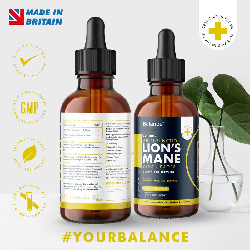 Lion's Mane Liquid Drops - High Strength 800mg - Vegan - 1 Month Supply - 30 Servings - 24,000mg per 60ml Dropper Bottle - Premium Lions Mane Extract for Fast Absorption - Made in UK by Balance - BeesActive Australia
