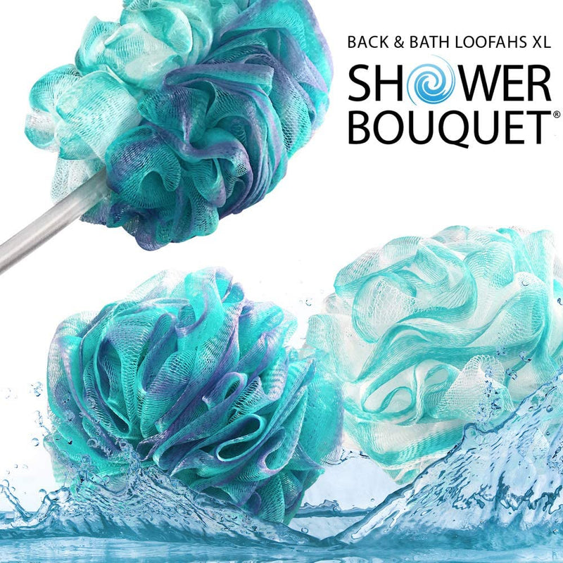 2-Side-Loofah-Back-Scrubber & Bath-Sponges by-Shower-Bouquet: 1-Long-Handle-Back-Brush Plus 2-Extra-Large 75g Soft Mesh Poufs, Men & Women - Exfoliate with Full Pure Cleanse in Bathing Accessories Green-white, Green-lavender - BeesActive Australia