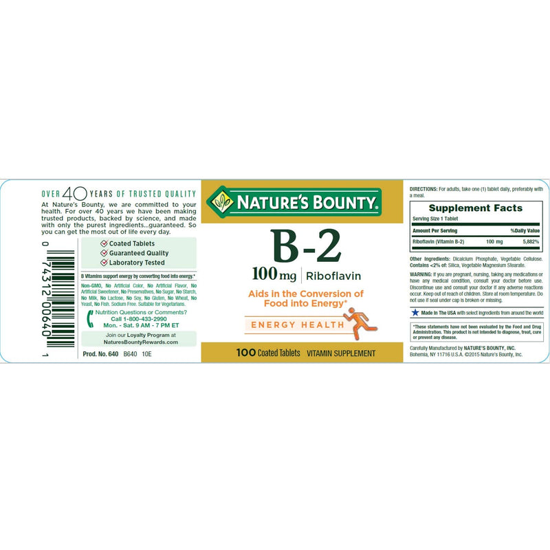 Nature's Bounty, Vitamin B-2, 100 mg, 100 Tablets - BeesActive Australia