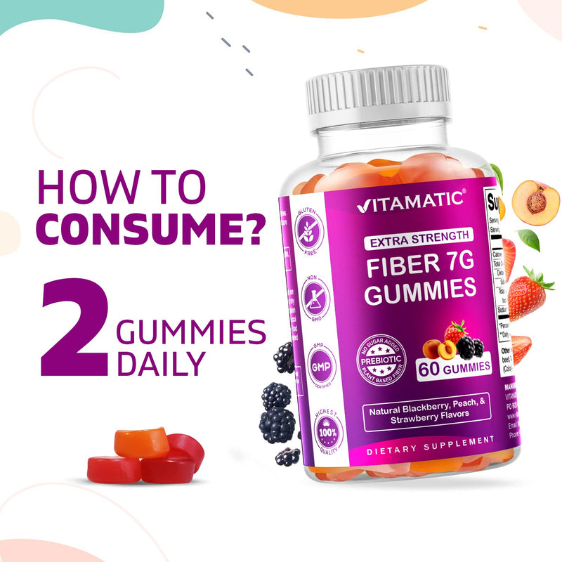 Vitamatic Prebiotic Fiber Gummies for Adults - 7G Fiber Extra Strength - Zero Sugar Added - 60 Pectin Based Gummies - Digestive Health & Regularity Support 60 Count (Pack of 1) - BeesActive Australia