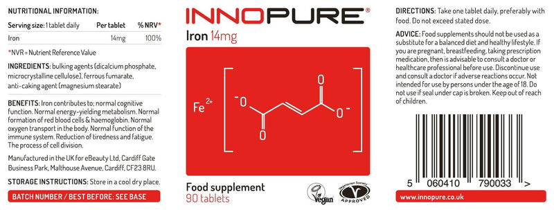 Iron Supplement for Energy and Immunity - 3 Months Supply, 90 Tablets - Vegan Society Approved - Made in The UK by Innopure - BeesActive Australia